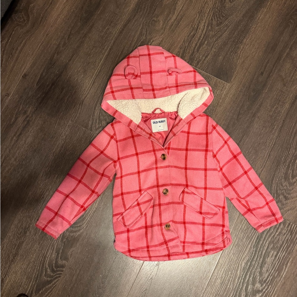 Old Navy Pink Plaid Sherpa Hooded Puffer Jacket
